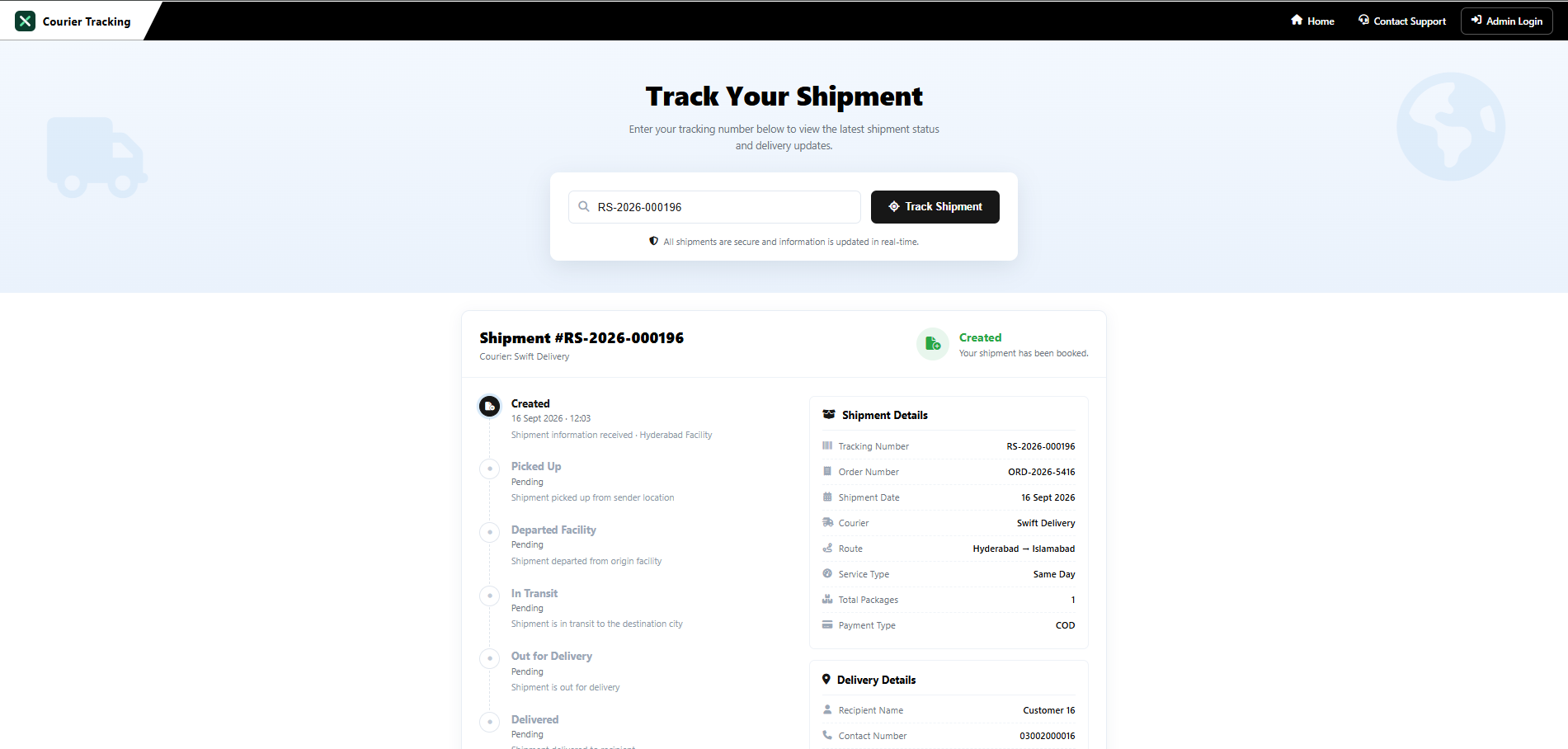 SwitchX Courier customer-facing shipment tracking page, showing shipment stages from created to delivered
